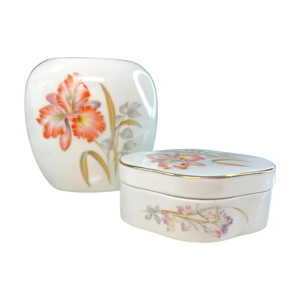 Vintage Otagiri Japan Porcelain Vanity Set Vase Trinket Box Dish Hand Painted